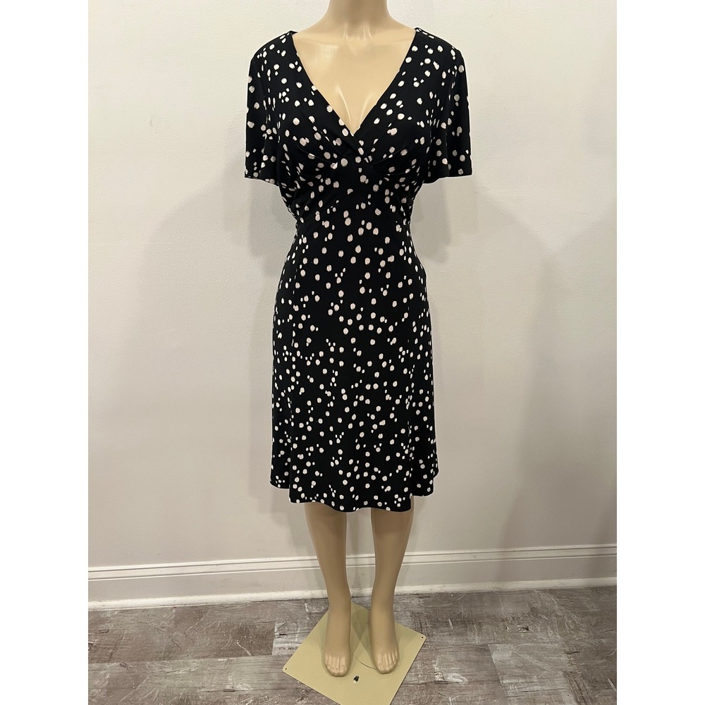 Chaps Flutter Sleeve V-Neck A-Line Dress Polka Dot Womens Size LRG Black White